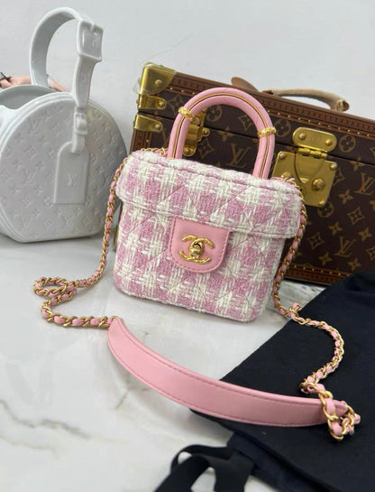 Chanel 23S Top Handle Bag In Pink Tweed Houndstooth Gold Hardware