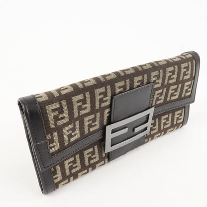 FENDI Zucchino Canvas Leather Bi-Fold Long Wallet Dark Brown 8M0021