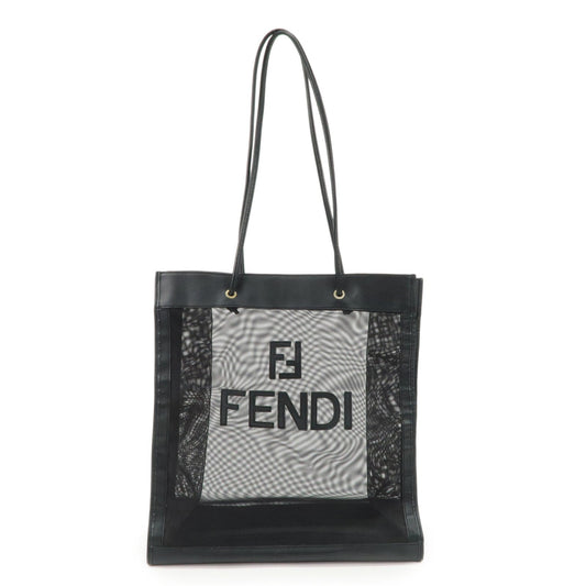 FENDI Mesh Leather Tote Bag Shoulder Bag Black Gold Hardware 259647