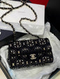 Chanel 2020 Black Velvet Imitation Pearl Strass Cc Embellished Rectangular Mini Classic Flap Gold Hardware