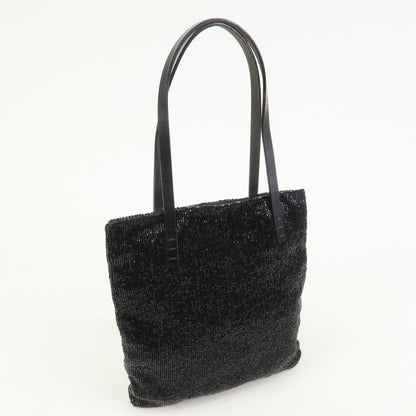 FENDI Logo Beads Leather Hand Bag Tote Bag Black