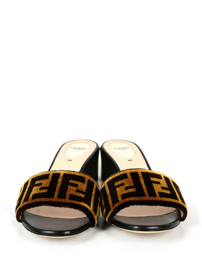 Fendi NEW Logo Print Velvet & Leather Mules sz 39.5