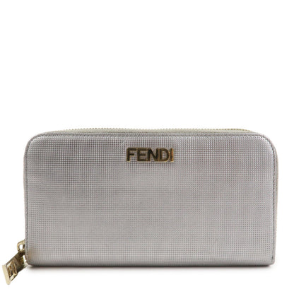 FENDI Leather Round Zippy Long Wallet Silver 8M0024