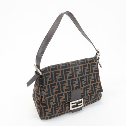 FENDI Mamma Baguette Canvas Leather Shoulder Bag Silver HDW 26325