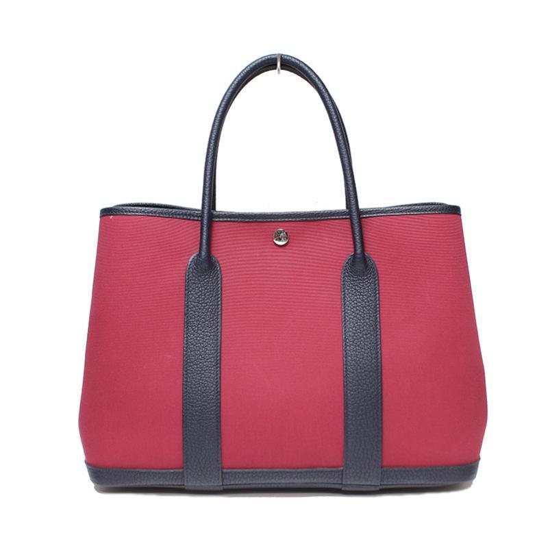 Luxury Hermes Rouge Moyen Garden Party Leather Pm Toile Tote