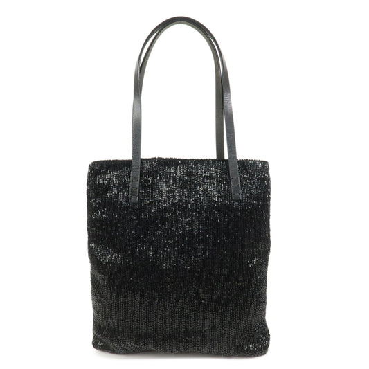FENDI Logo Beads Leather Hand Bag Tote Bag Black