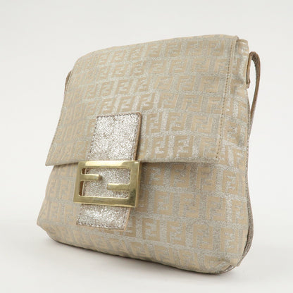 FENDI Zucchino Canvas Leather Shoulder Bag Silver Beige 8BT075