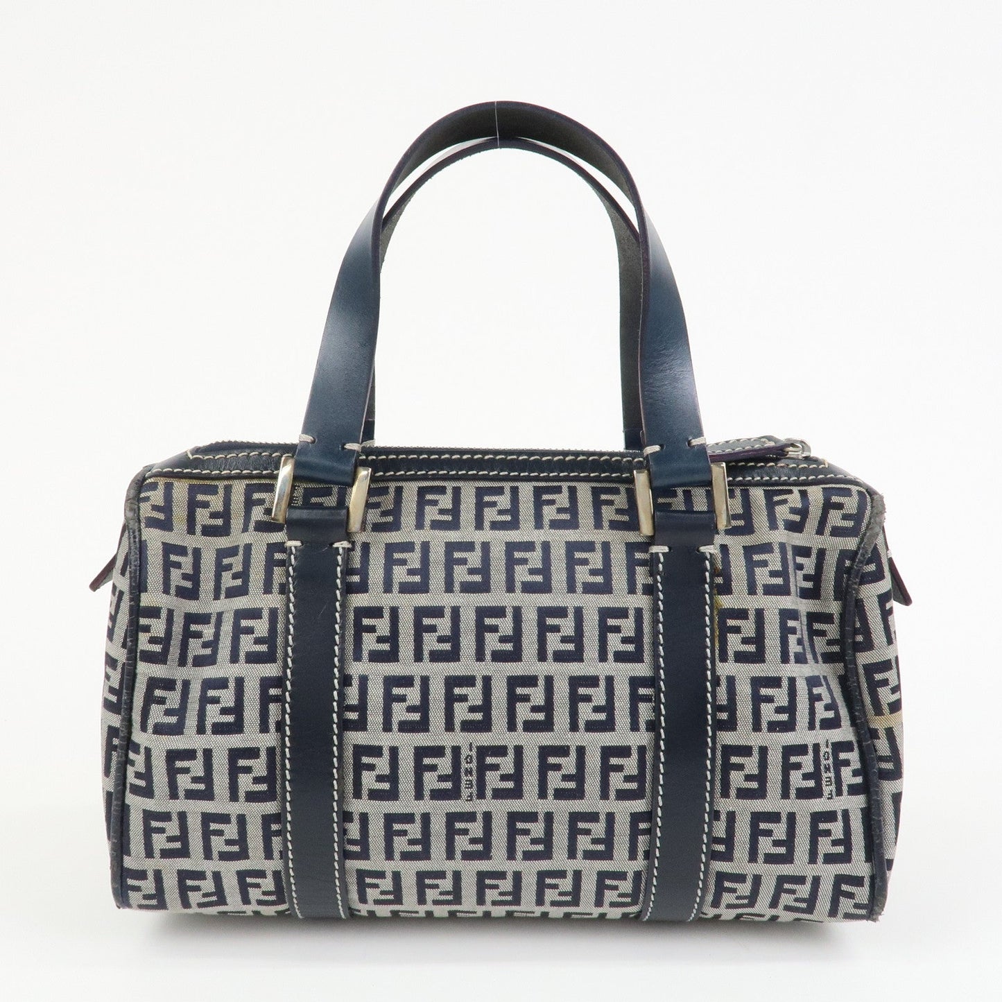 FENDI Zucchino Canvas Leather Hand Bag Mini Boston Bag Navy 16327