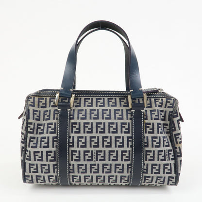 FENDI Zucchino Canvas Leather Hand Bag Mini Boston Bag Navy 16327