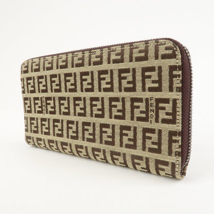 FENDI Zucchino Canvas Leather Round Zippy Long Wallet Brown 8M0024