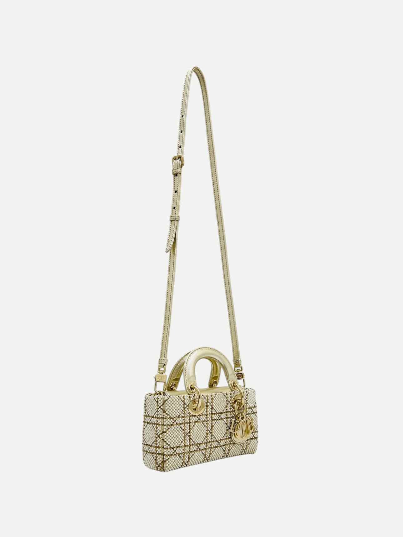 Christian Dior Lady D-Joy Size Micro Peral Embroidered Gold Leather Shoulder Bag