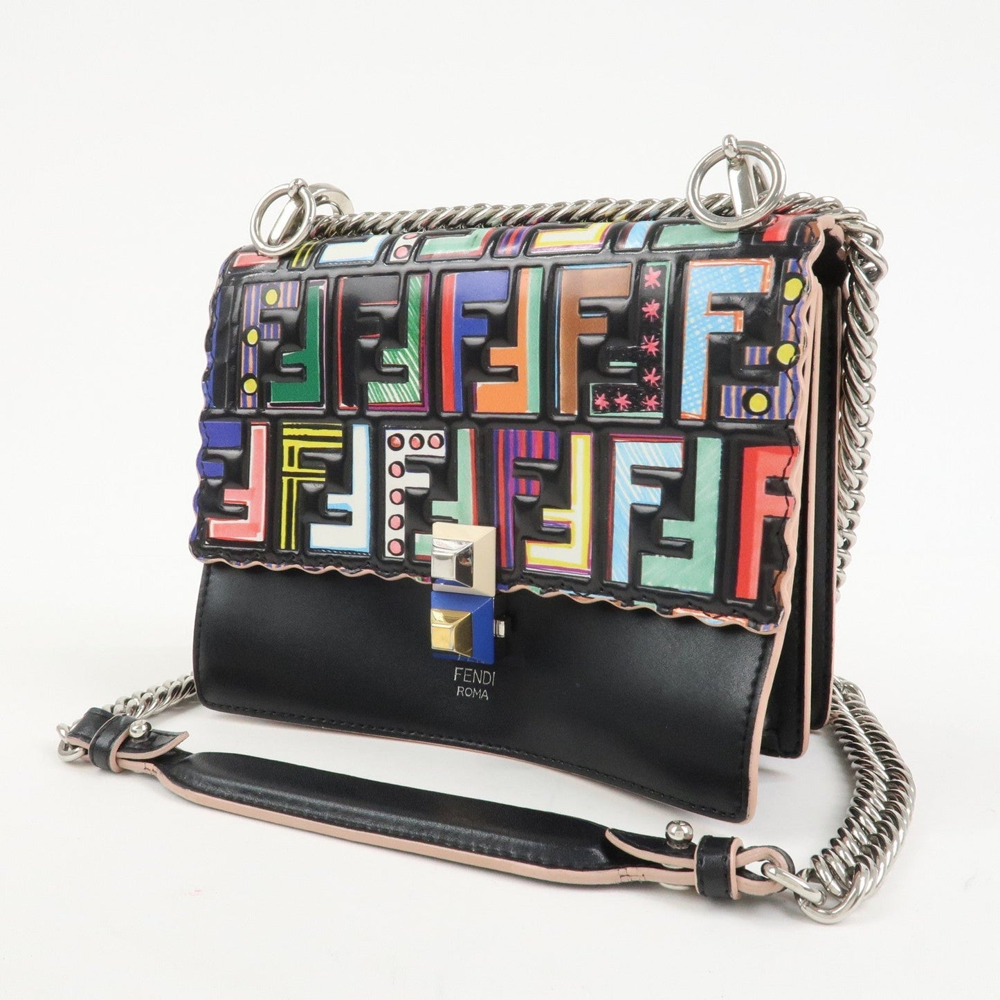 FENDI Zucca Mini Kan I Leather Chain Shoulder Bag Multicolor 8M0381