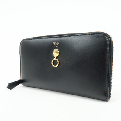 FENDI Leather Round Zippy Long Wallet Black 8M0299