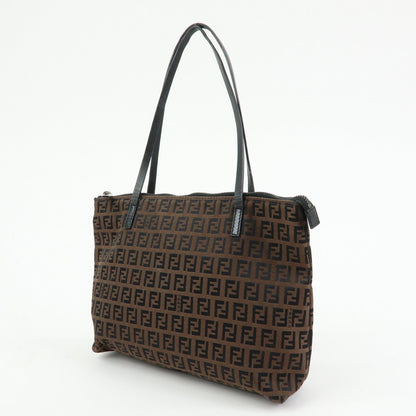 FENDI Zucchino Canvas Leather Tote Shoulder Bag Brown Black 8BH023