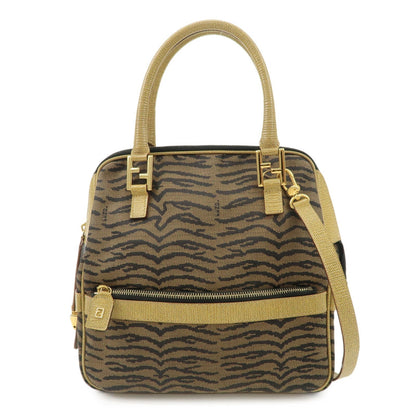 FENDI Leather Canvas 2Way Bag Hand Bag Zebra Print Black Brown