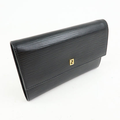 FENDI Embossed Leather Long Flap Wallet Black 30858