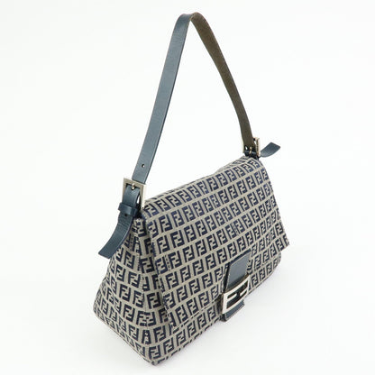 FENDI Mamma Baguette Zucchino Canvas Shoulder Bag Navy 26325