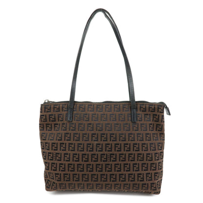 FENDI Zucchino Canvas Leather Tote Shoulder Bag Brown Black 8BH023
