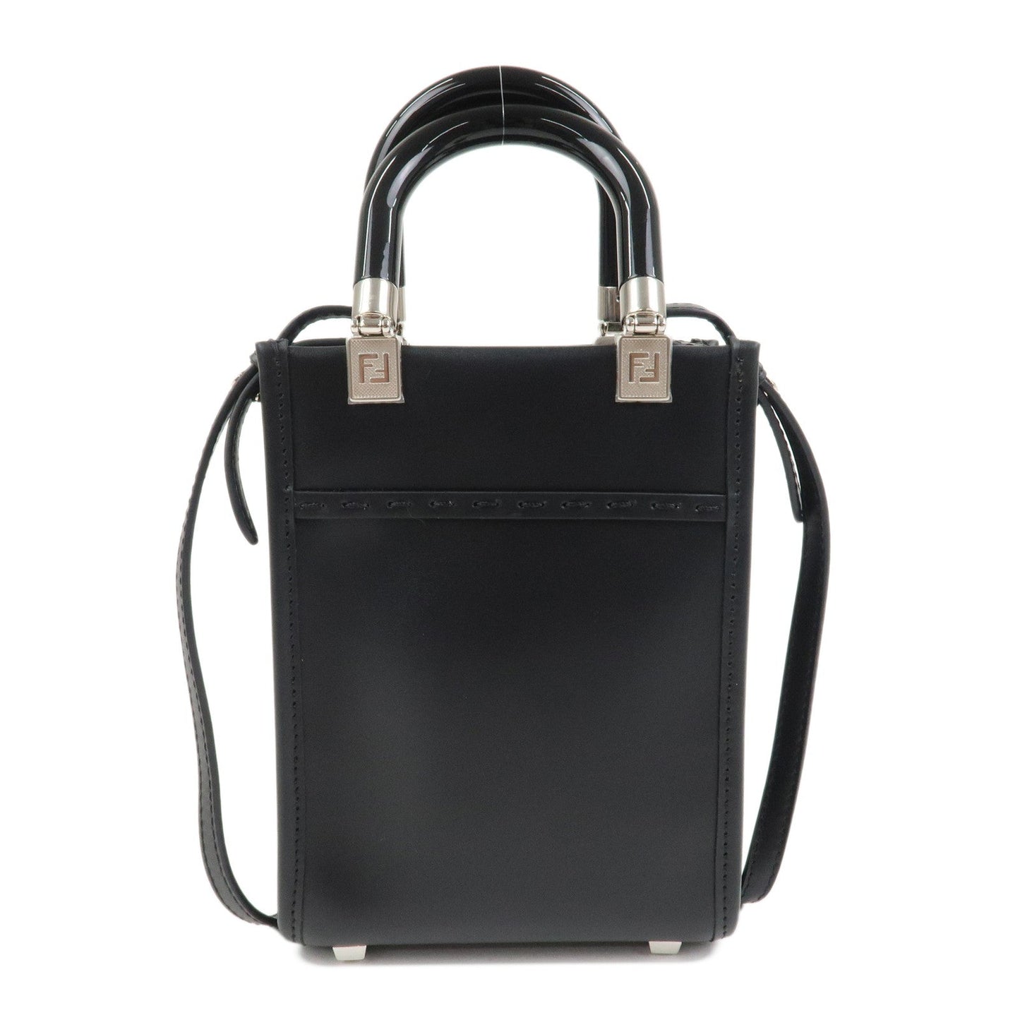 FENDI Leather Sunshine Shopper Small 2Way Bag Hand Bag Black 8BS051