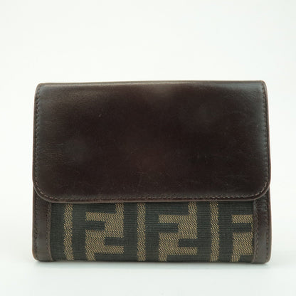 FENDI Zucca Leather Canvas Double Hook Bi-fold Wallet Brown 30795