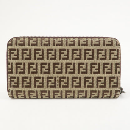 FENDI Zucchino Canvas Leather Round Zippy Long Wallet Brown 8M0024