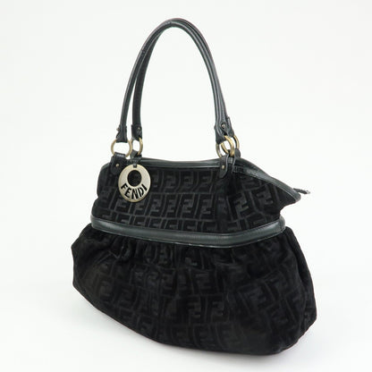 FENDI Zucca Suede Leather Gathered Shoulder Bag Black 8BH186