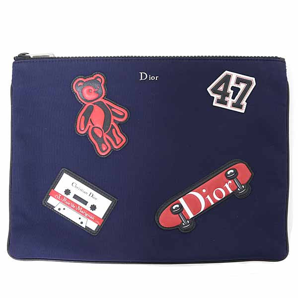 Christian Dior Pouch Nylon Navy Navy nylon pouch with bear design