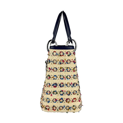 Christian Dior Beige Multi-Color Navy Raffia Leather Handbag Shoulder Bag
