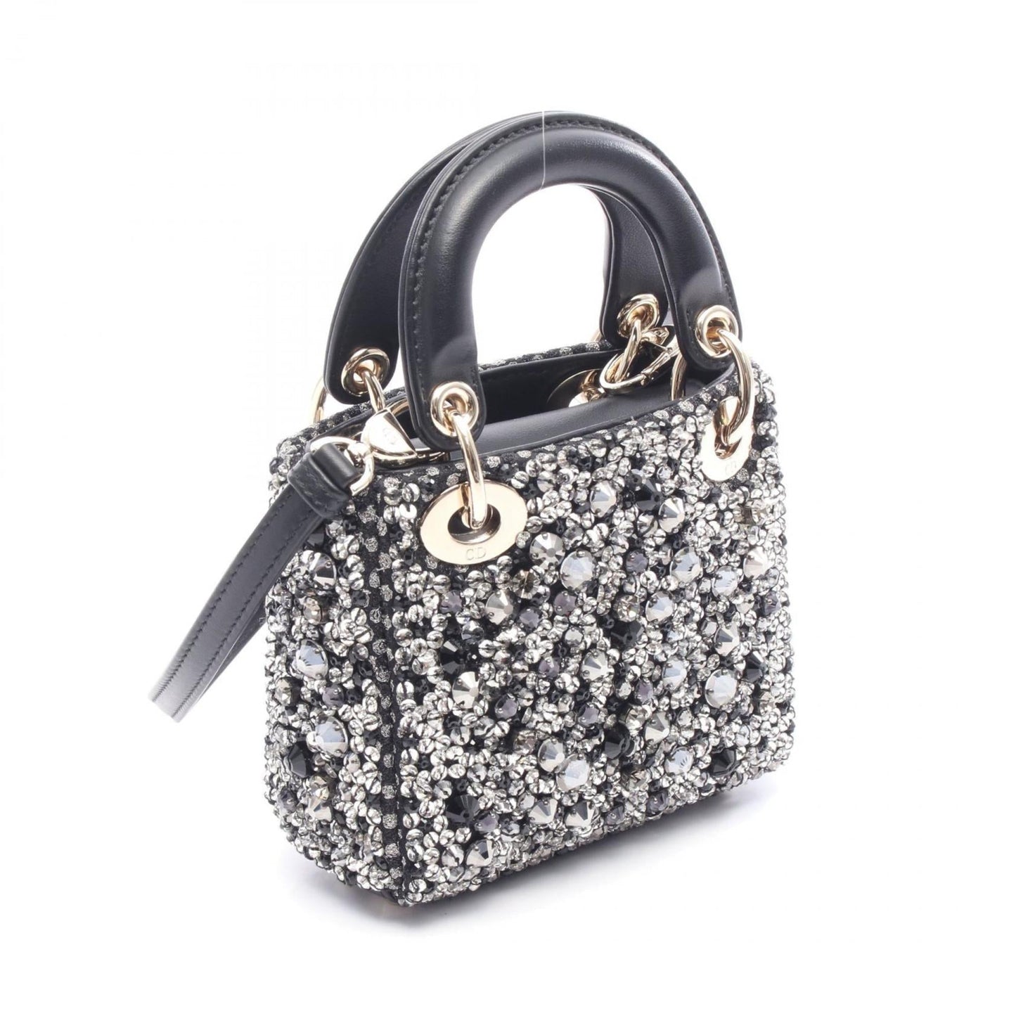 Christian Dior Lady Dior Black Clear Silver Leather Rhinestone Handbag