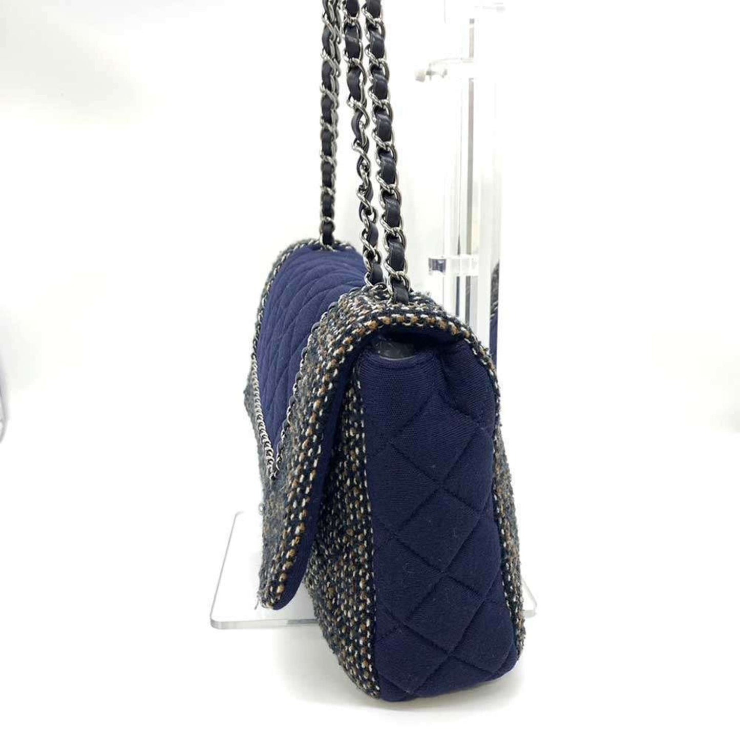Chanel Bag Matelasse Chain Shoulder Navy Multicolor W Horizontal Women's Cotton Jersey x Tweed Chanel
