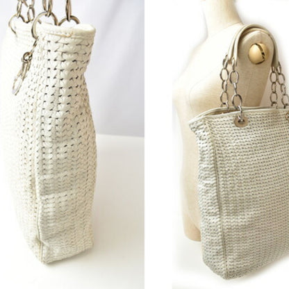 Christian Dior Lady Dior Silver White Leather Tote Bag