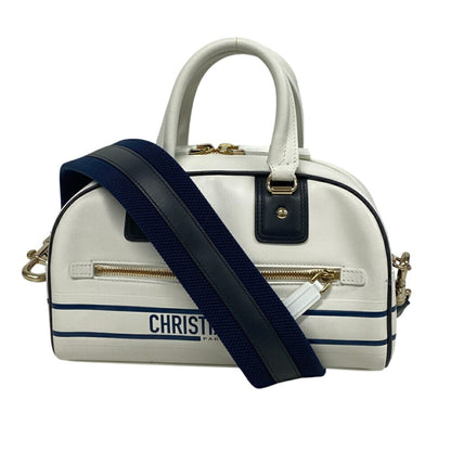 Christian Dior Navy White Leather Handbag Leather