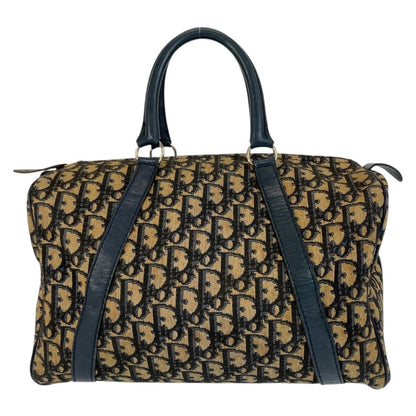 Christian Dior Trotter Beige Navy Canvas Leather Boston Bag Handbag Leather
