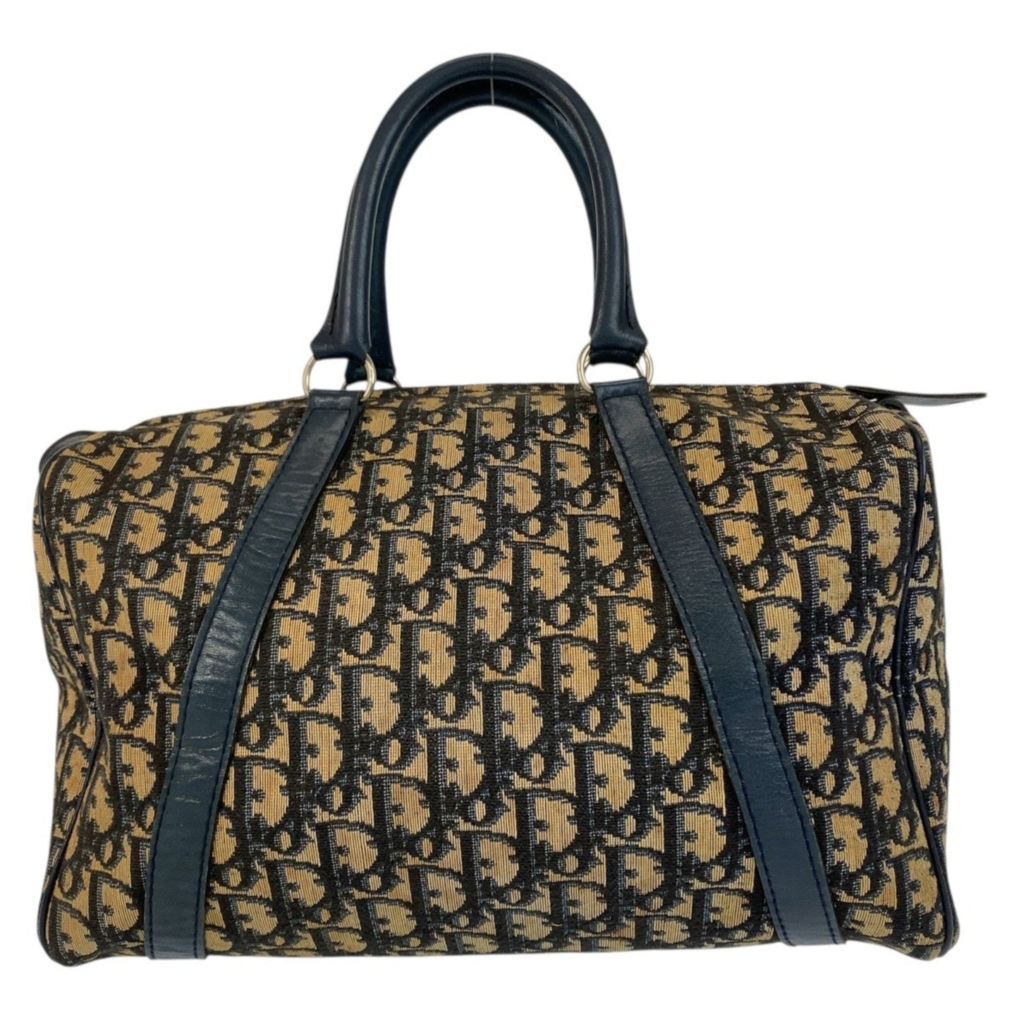 Christian Dior Trotter Beige Navy Canvas Leather Boston Bag Handbag Leather