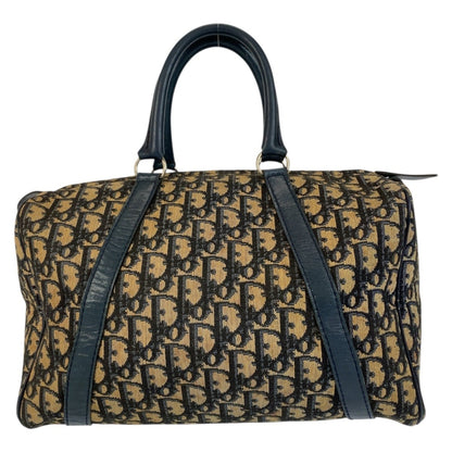 Christian Dior Trotter Beige Navy Canvas Leather Boston Bag Handbag Leather