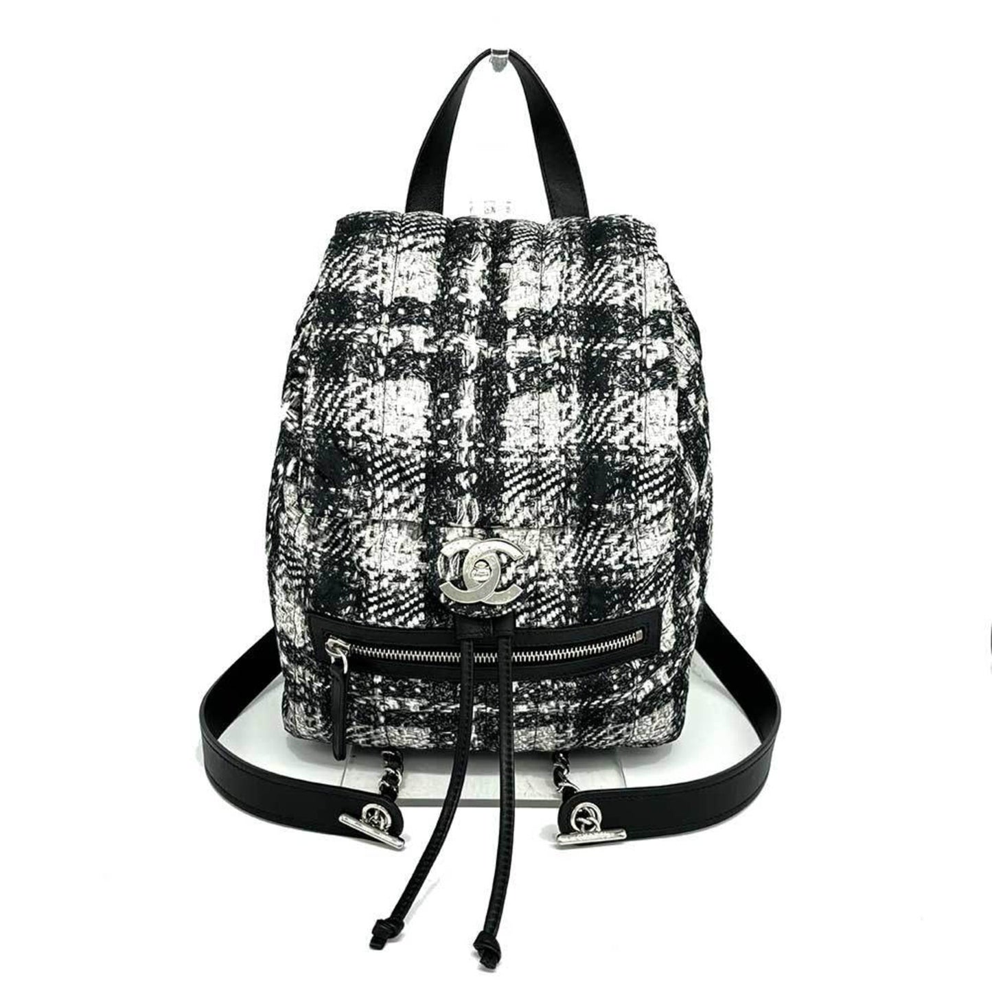 Chanel Backpack Coco Mark Nylon Tweed Pattern Black x White Silver Chanel