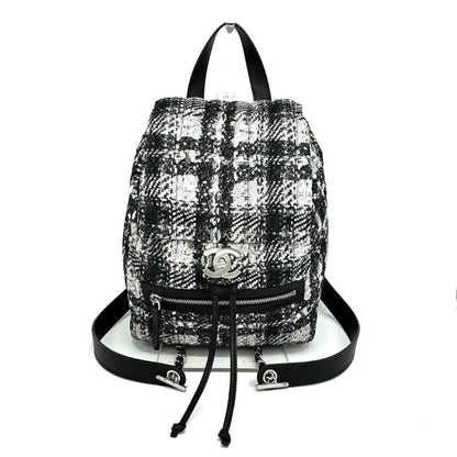 Chanel Backpack Coco Mark Nylon Tweed Pattern Black x White Silver Chanel