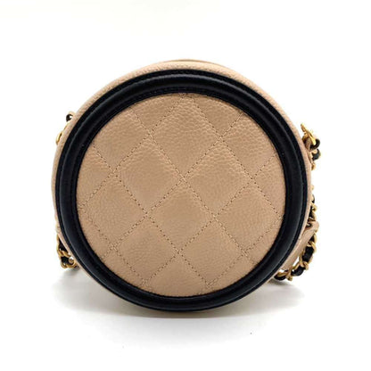 Chanel Bag CC Filigree Round Chain Shoulder Beige x Black Pochette Pouch Circle Crossbody Women's Caviar Skin Chanel