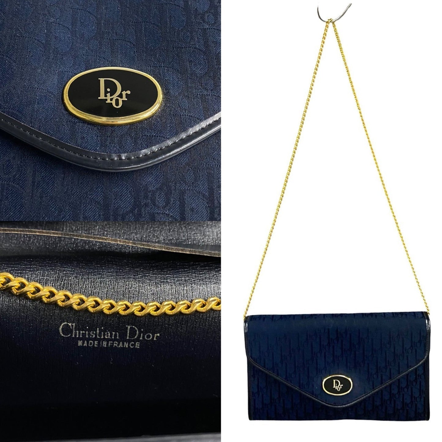 Christian Dior Navy Leather Canvas Shoulder Bag Leather