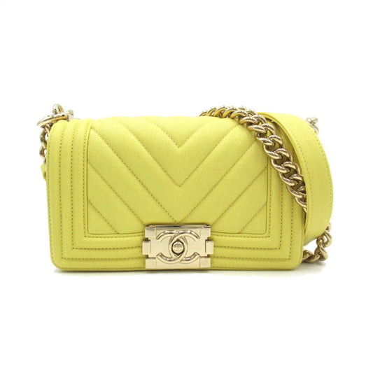 Chanel Boy Chanel V-stitched chain shoulder bag, caviar skin (grained calfskin), women's, yellow