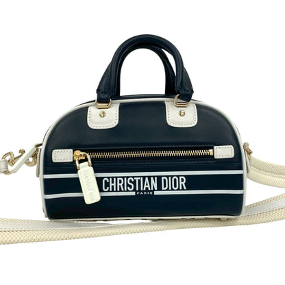 Christian Dior Navy White Leather Handbag Shoulder Bag