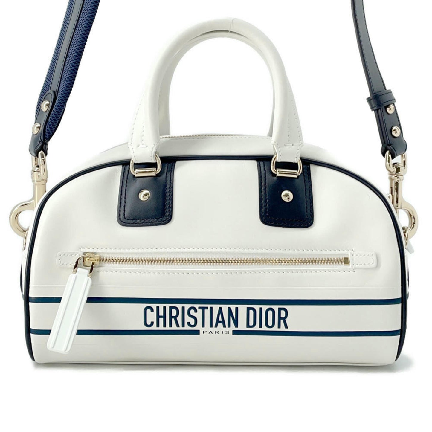 Christian Dior Navy White Leather Rubber Handbag