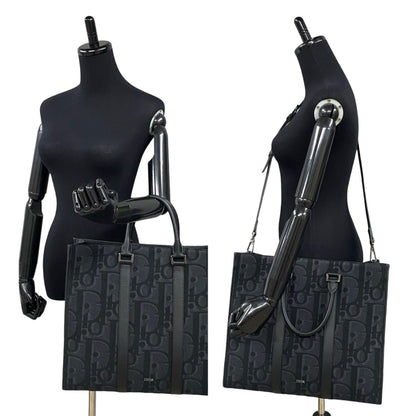Christian Dior Black Leather Canvas Tote Bag