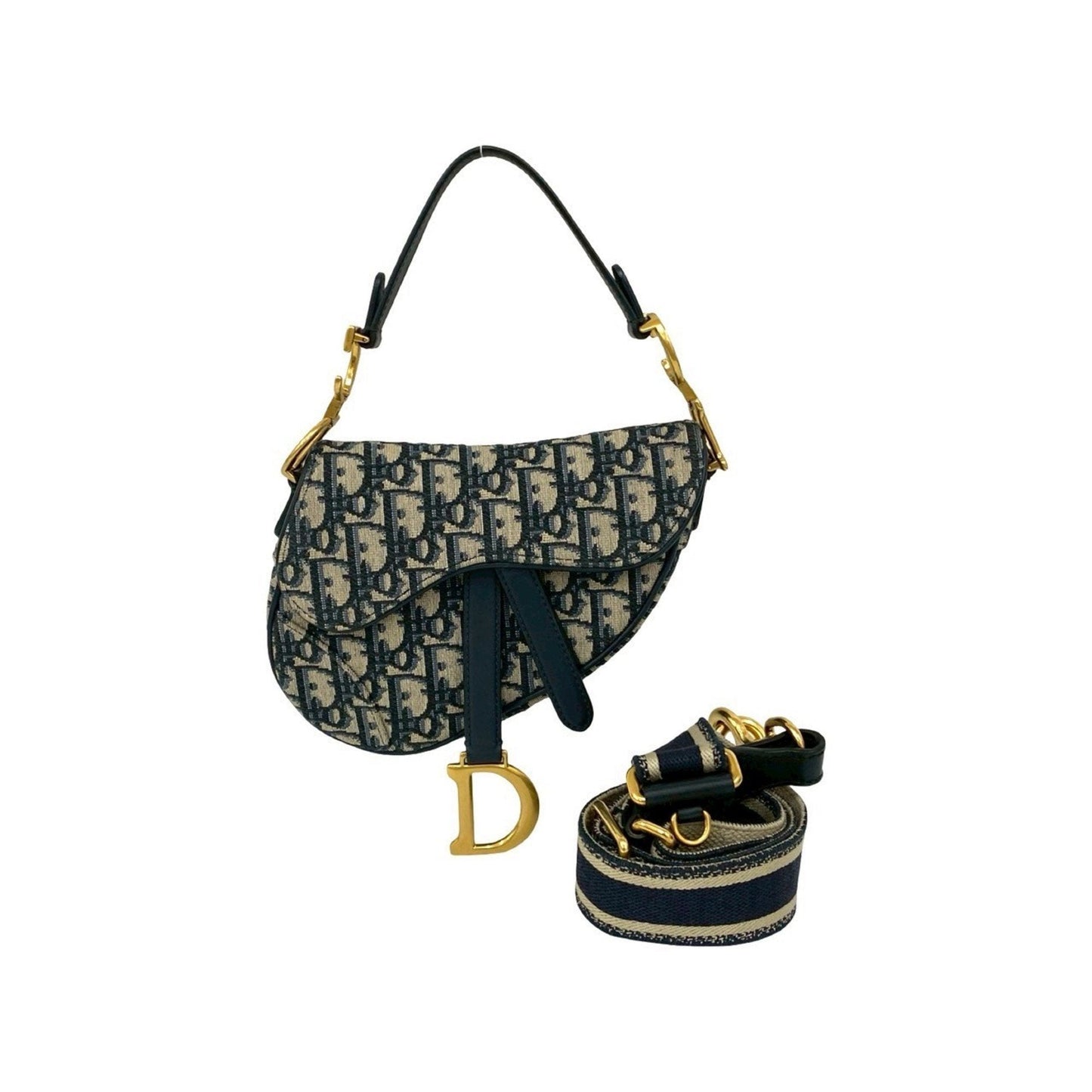 Christian Dior Navy Leather Canvas Handbag Saddle Bag Shoulder Bag