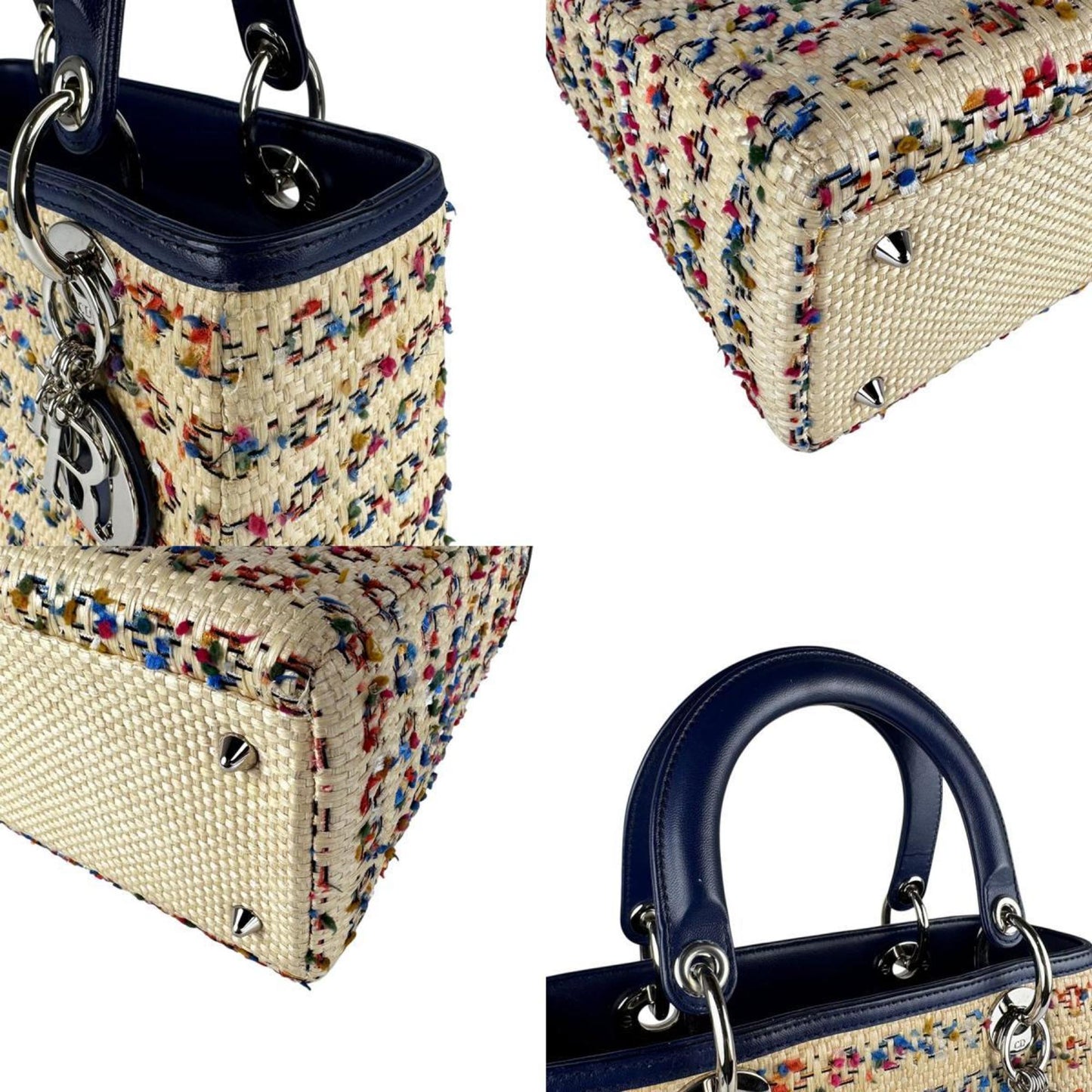 Christian Dior Beige Multi-Color Navy Raffia Leather Handbag Shoulder Bag