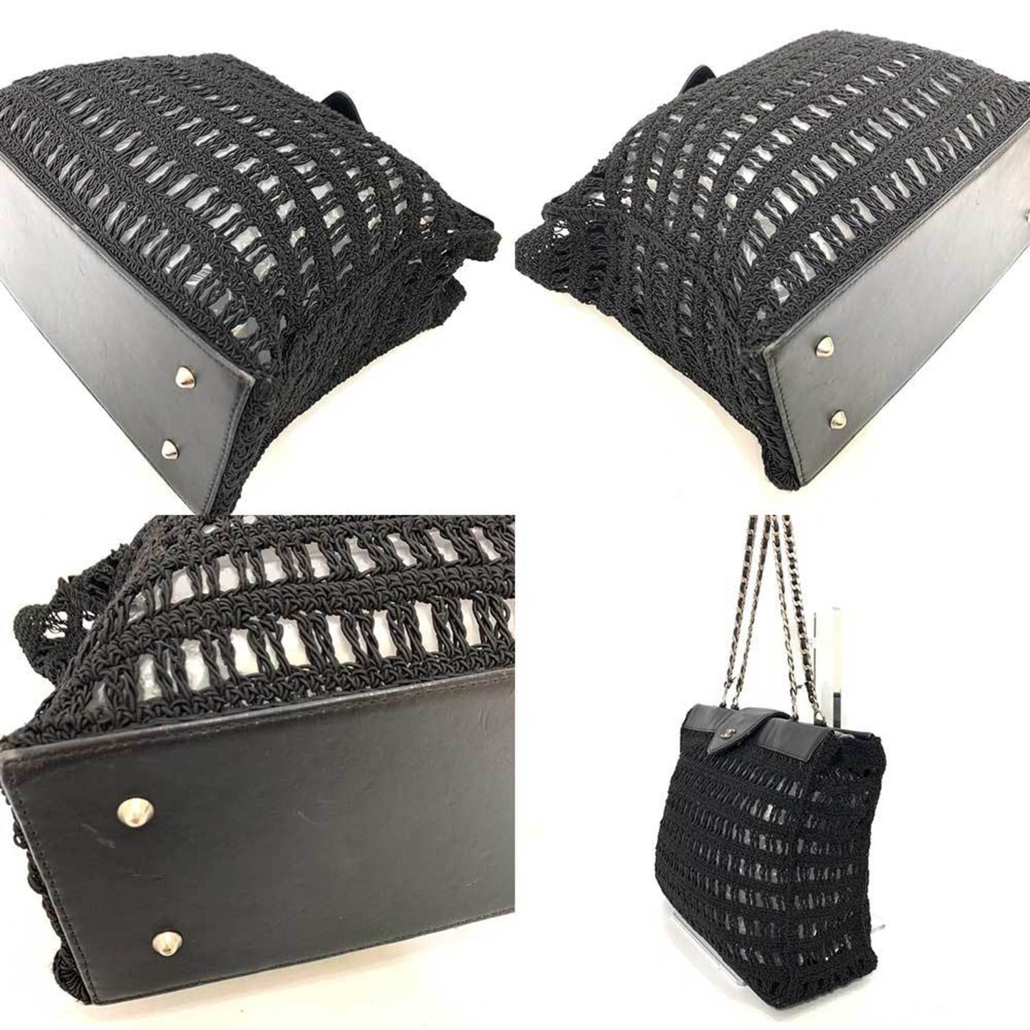 Chanel Bag Chain Tote Black Mesh Stitch Handbag Coco Mark Ladies Canvas x Leather
