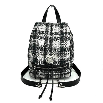 Chanel Backpack Coco Mark Nylon Tweed Pattern Black x White Silver Chanel