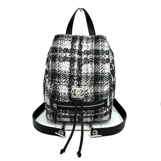 Chanel Backpack Coco Mark Nylon Tweed Pattern Black x White Silver Chanel
