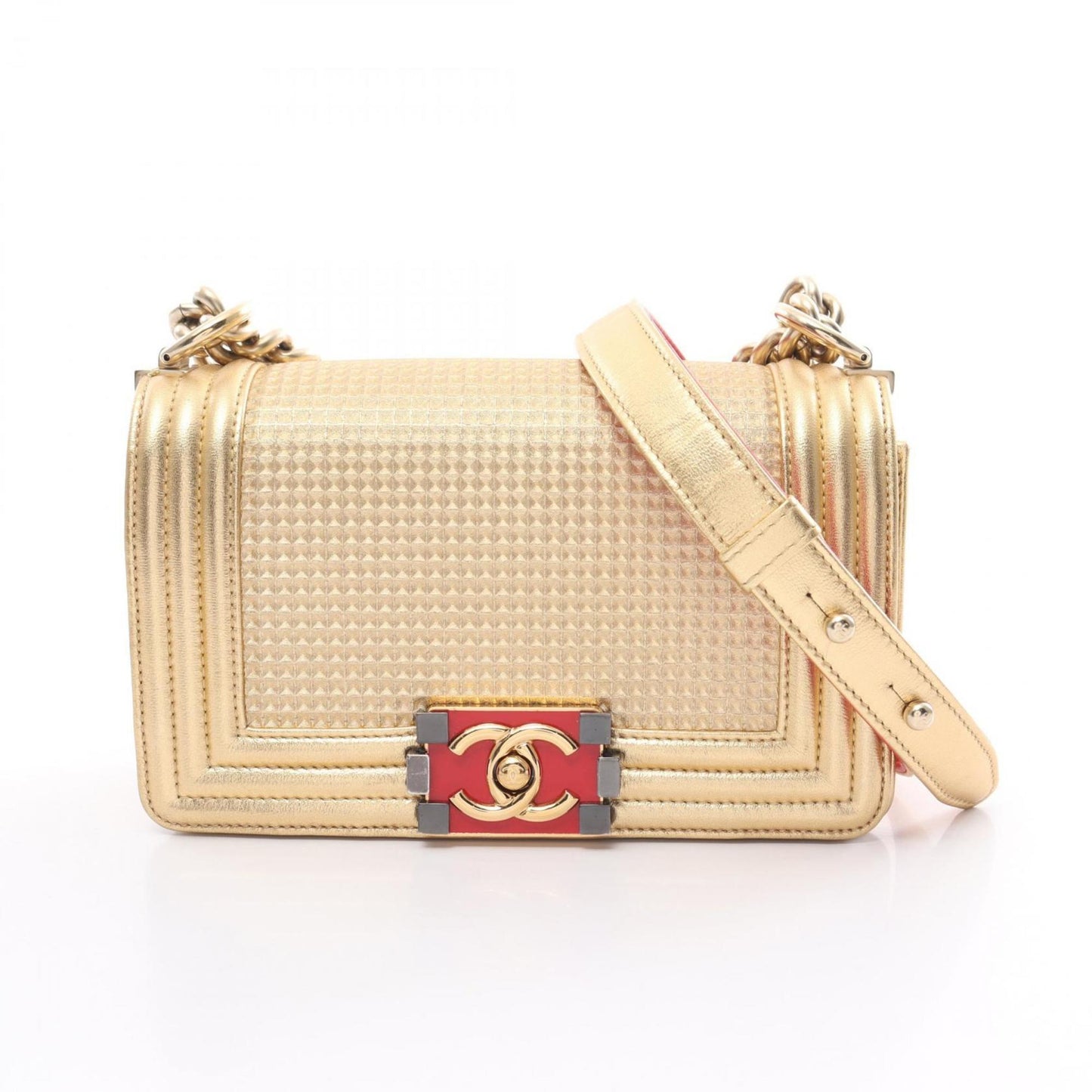 Chanel Boy Chanel Shoulder Bag Leather Women's Gold Red