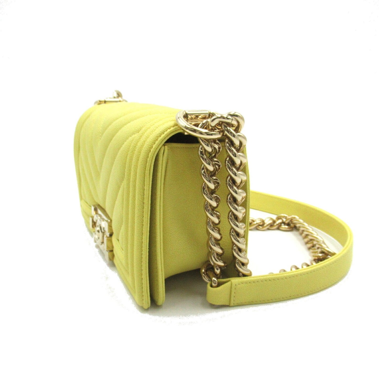 Chanel Boy Chanel V-stitched chain shoulder bag, caviar skin (grained calfskin), women's, yellow